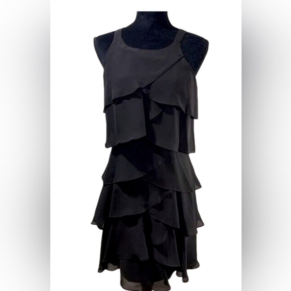 White House Black Market Chiffon Ruffled Tiered Black Cocktail Dress Size 6 - Picture 2 of 8